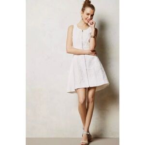 Leifsdottir Anthropologie High Tea White Woven Front Frontal Zip Up Dress 6